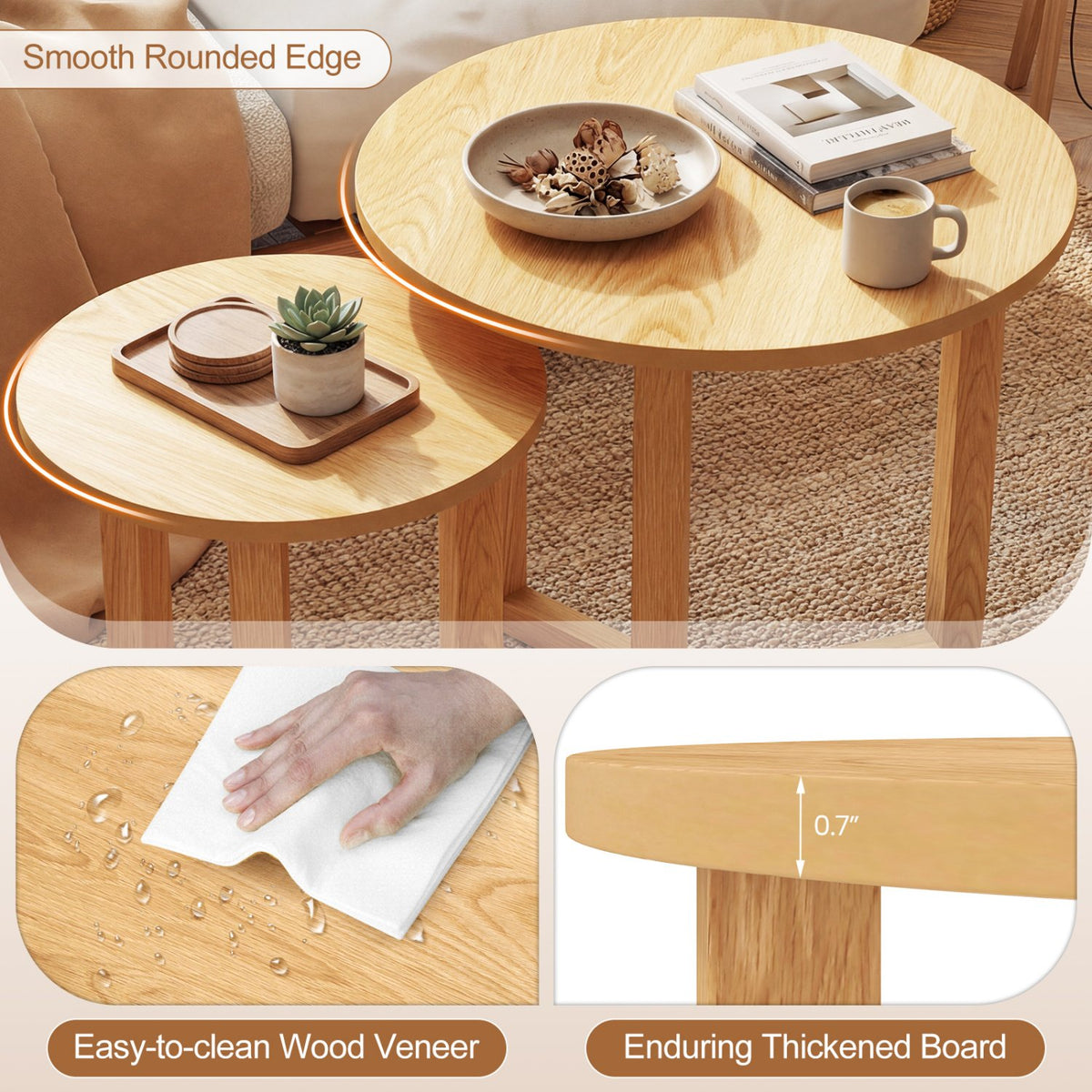 Round Nesting Coffee Table Set of 2 Wood Nesting End Tables with Thickened Top-Natural view 9