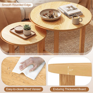 Round Nesting Coffee Table Set of 2 Wood Nesting End Tables with Thickened Top-Natural view 9