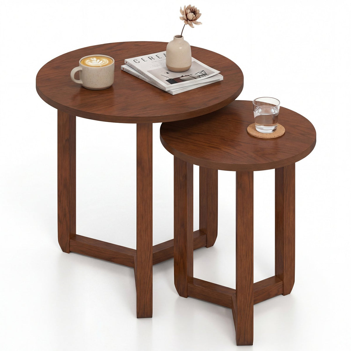 Round Nesting Coffee Table Set of 2 Wood Nesting End Tables with Thickened Top-Walnut
