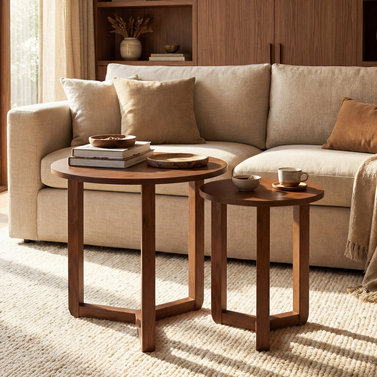 Round Nesting Coffee Table Set of 2 Wood Nesting End Tables with Thickened Top-Walnut view 2