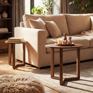 Round Nesting Coffee Table Set of 2 Wood Nesting End Tables with Thickened Top-Walnut view 3