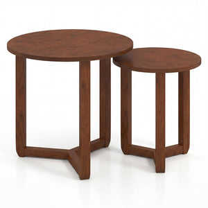 Round Nesting Coffee Table Set of 2 Wood Nesting End Tables with Thickened Top-Walnut view 4