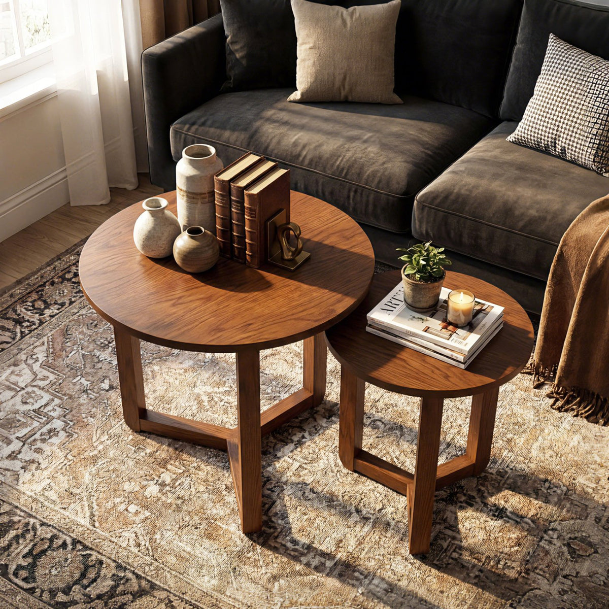 Round Nesting Coffee Table Set of 2 Wood Nesting End Tables with Thickened Top-Walnut view 6