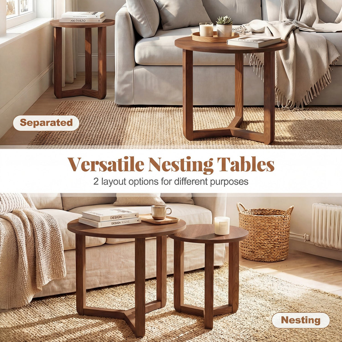 Round Nesting Coffee Table Set of 2 Wood Nesting End Tables with Thickened Top-Walnut view 7