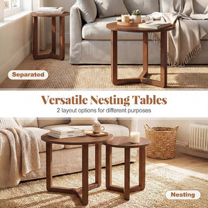 Round Nesting Coffee Table Set of 2 Wood Nesting End Tables with Thickened Top-Walnut view 7
