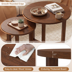 Round Nesting Coffee Table Set of 2 Wood Nesting End Tables with Thickened Top-Walnut view 9
