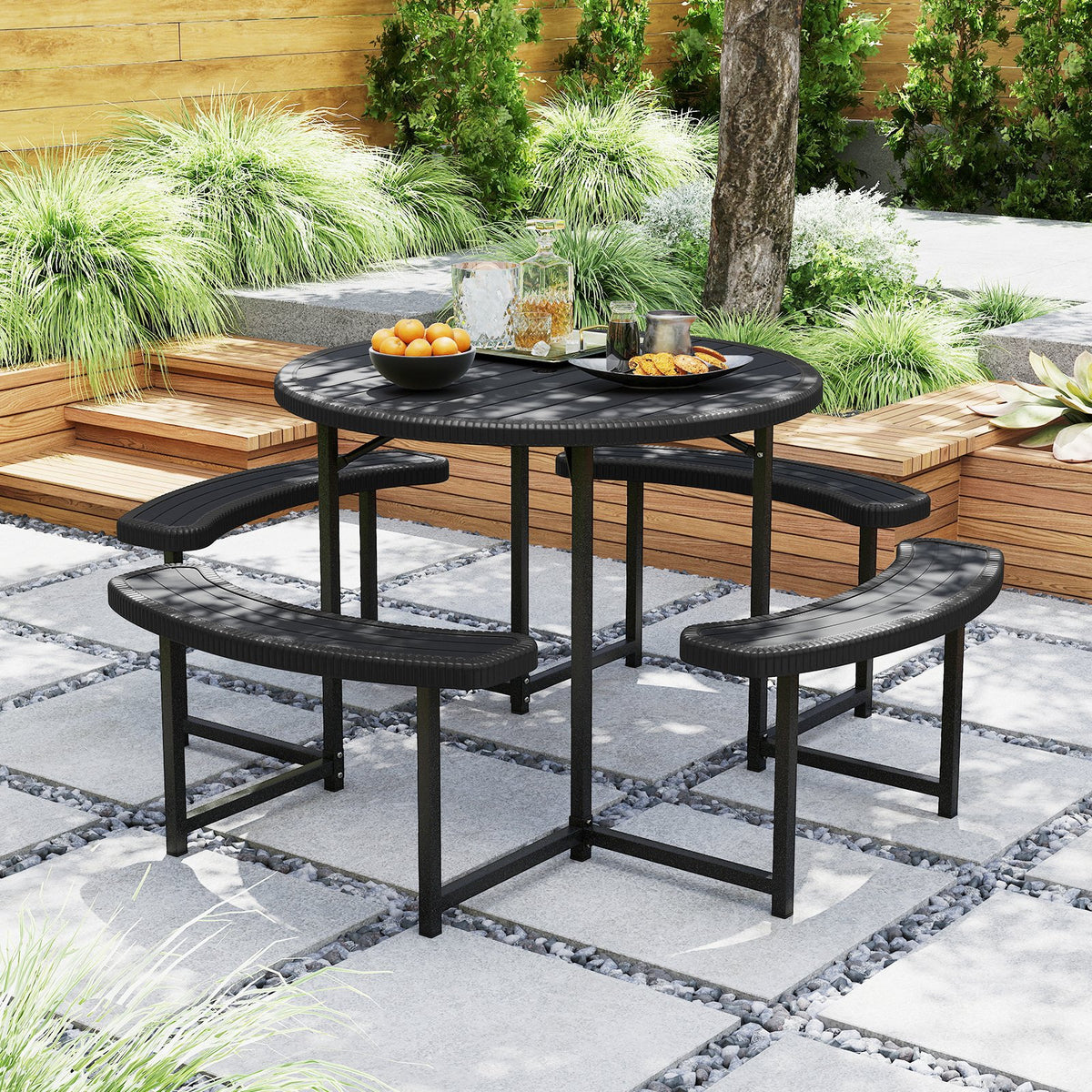 Round Picnic Table Bench Set with 4 Benches and Umbrella Hole for Patio Lawn-Black view 2