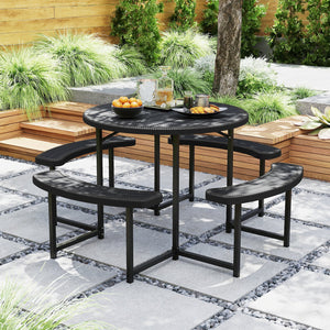 Round Picnic Table Bench Set with 4 Benches and Umbrella Hole for Patio Lawn-Black view 2