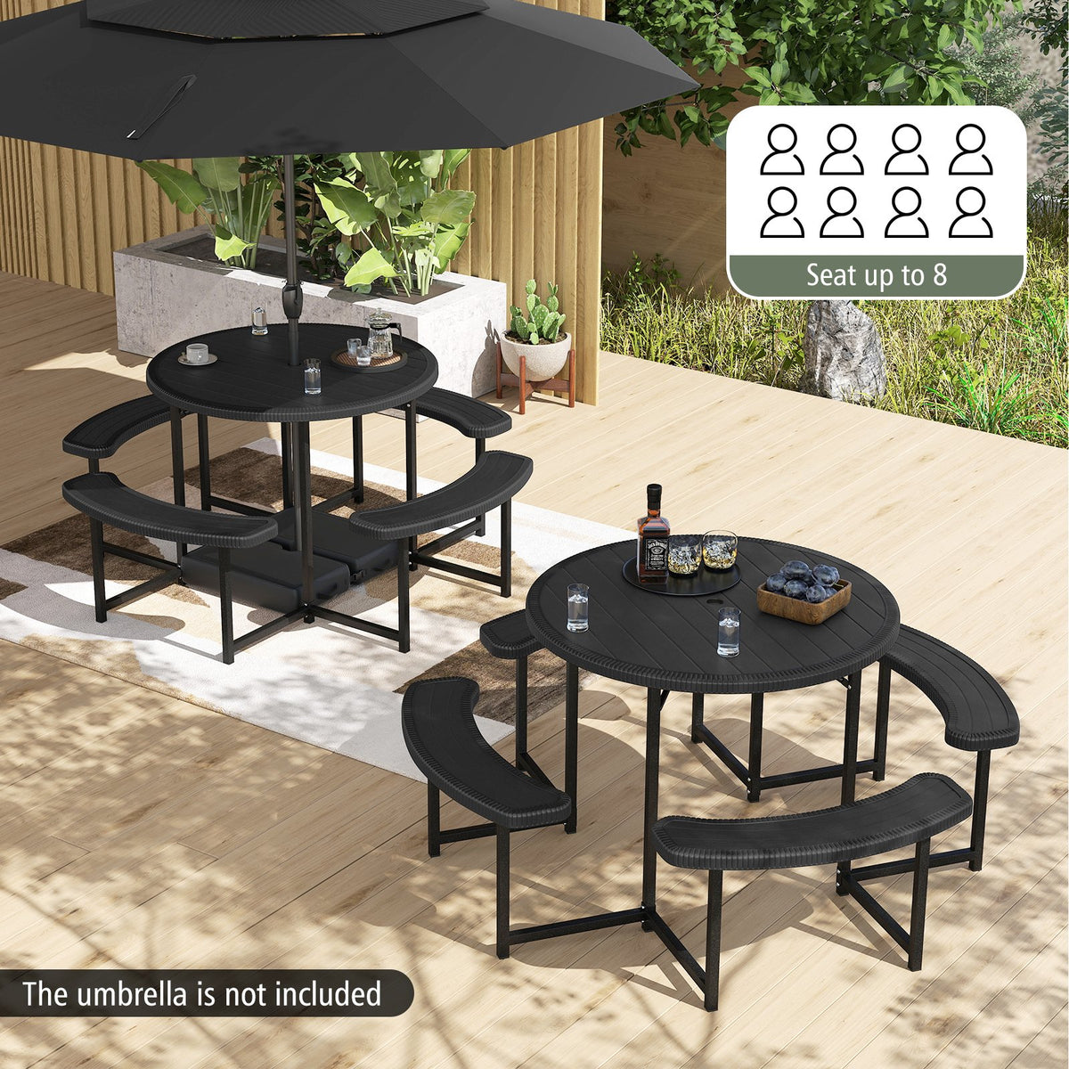 Round Picnic Table Bench Set with 4 Benches and Umbrella Hole for Patio Lawn-Black view 3