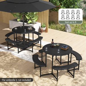 Round Picnic Table Bench Set with 4 Benches and Umbrella Hole for Patio Lawn-Black view 3