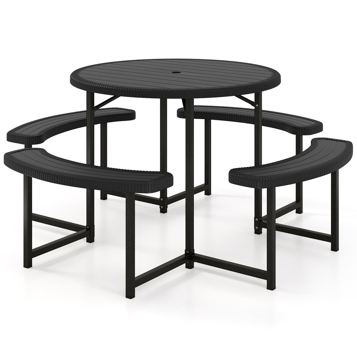 Round Picnic Table Bench Set with 4 Benches and Umbrella Hole for Patio Lawn-Black view 4