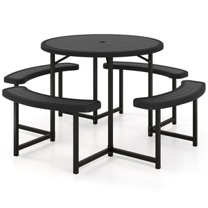 Round Picnic Table Bench Set with 4 Benches and Umbrella Hole for Patio Lawn-Black view 4