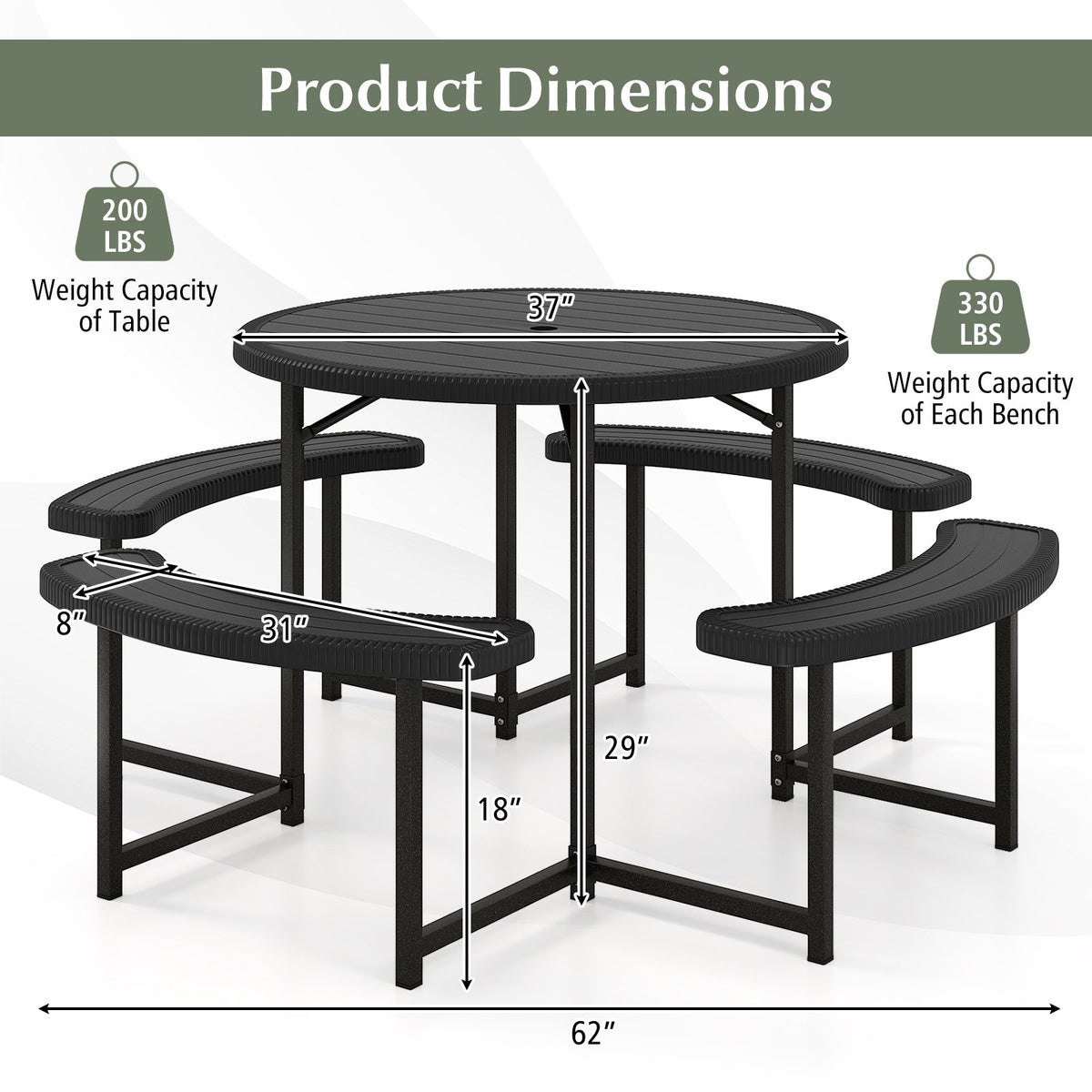 Round Picnic Table Bench Set with 4 Benches and Umbrella Hole for Patio Lawn-Black view 5