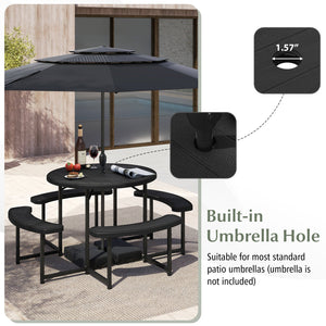 Round Picnic Table Bench Set with 4 Benches and Umbrella Hole for Patio Lawn-Black view 6