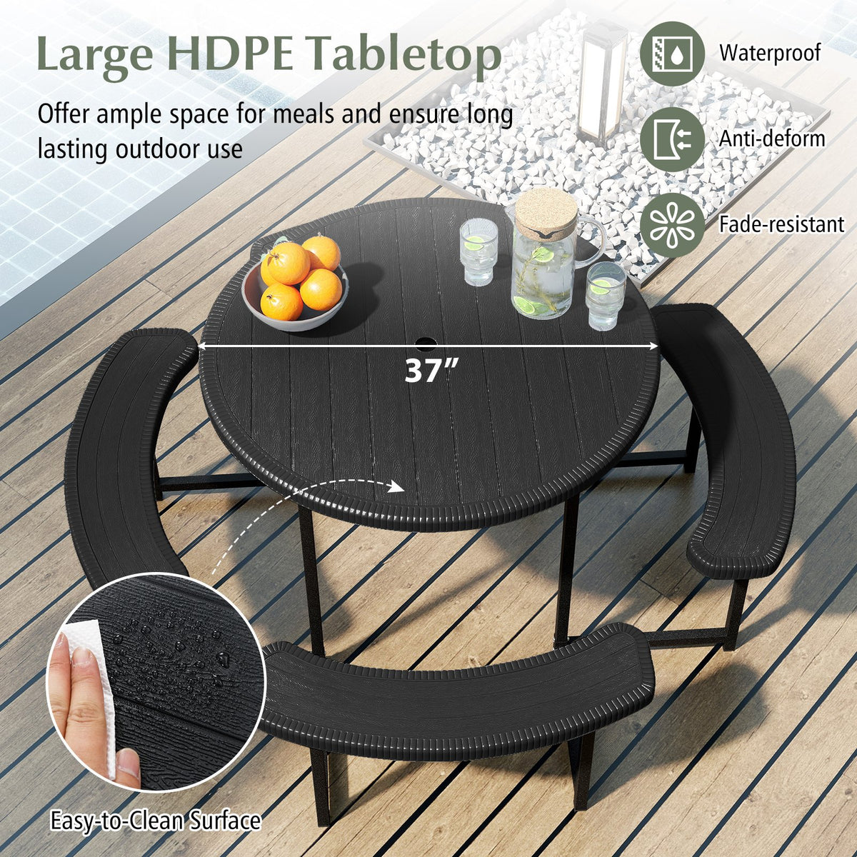 Round Picnic Table Bench Set with 4 Benches and Umbrella Hole for Patio Lawn-Black view 7