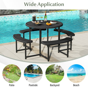 Round Picnic Table Bench Set with 4 Benches and Umbrella Hole for Patio Lawn-Black view 9