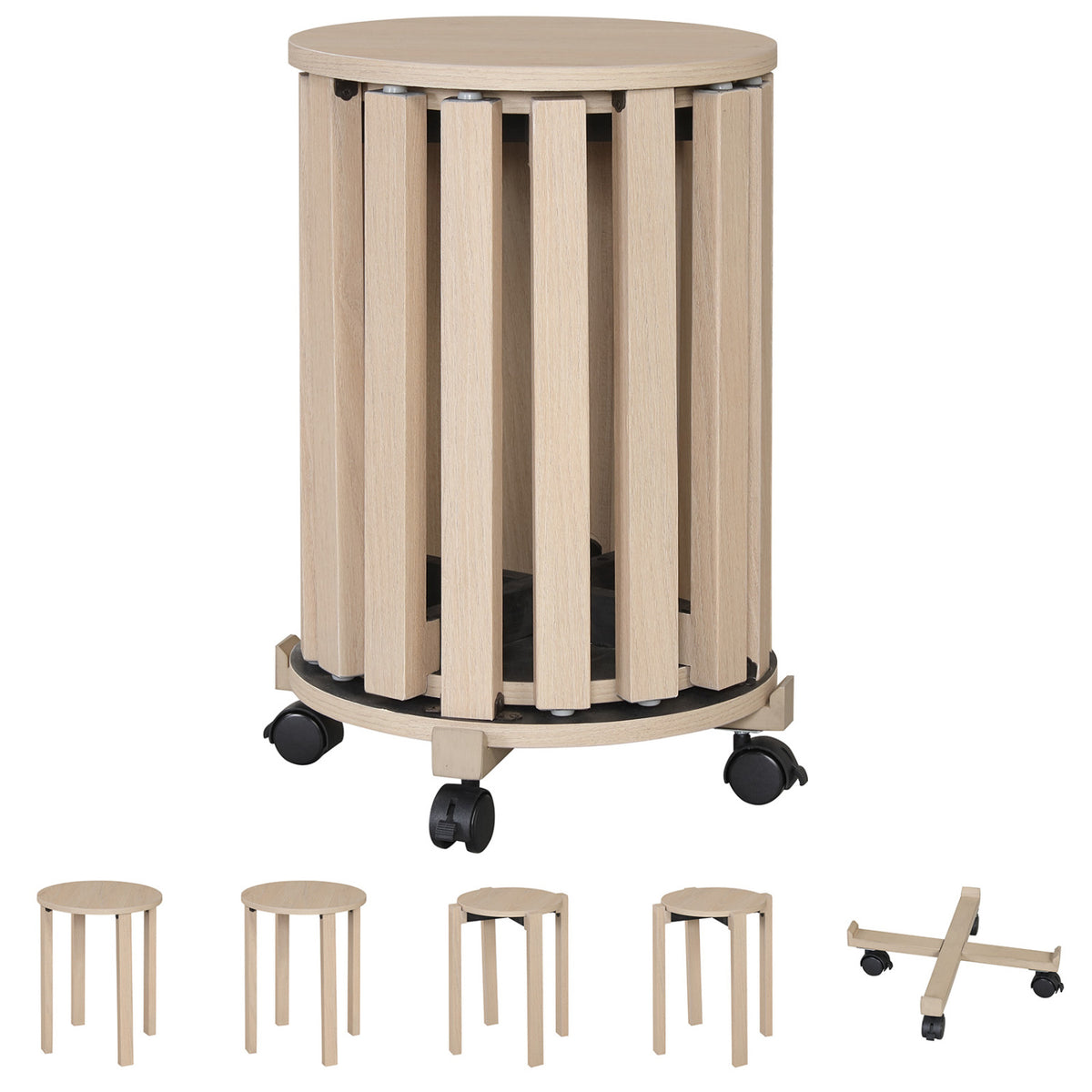 Round Portable Wood Nesting Stools with Locking Casters-Natural