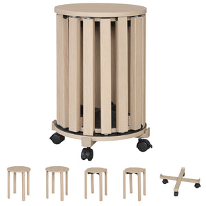 Round Portable Wood Nesting Stools with Locking Casters-Natural