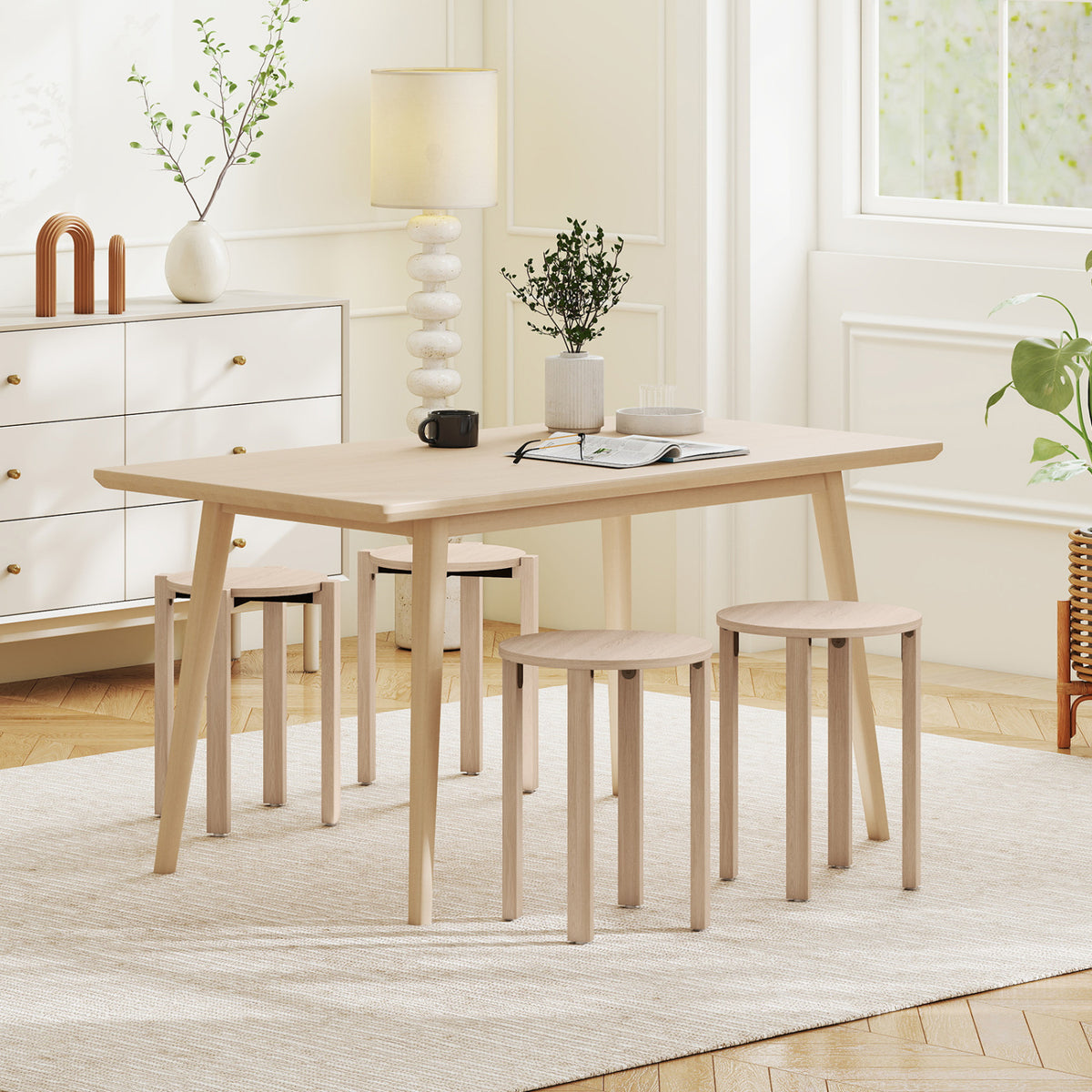 Round Portable Wood Nesting Stools with Locking Casters-Natural view 3