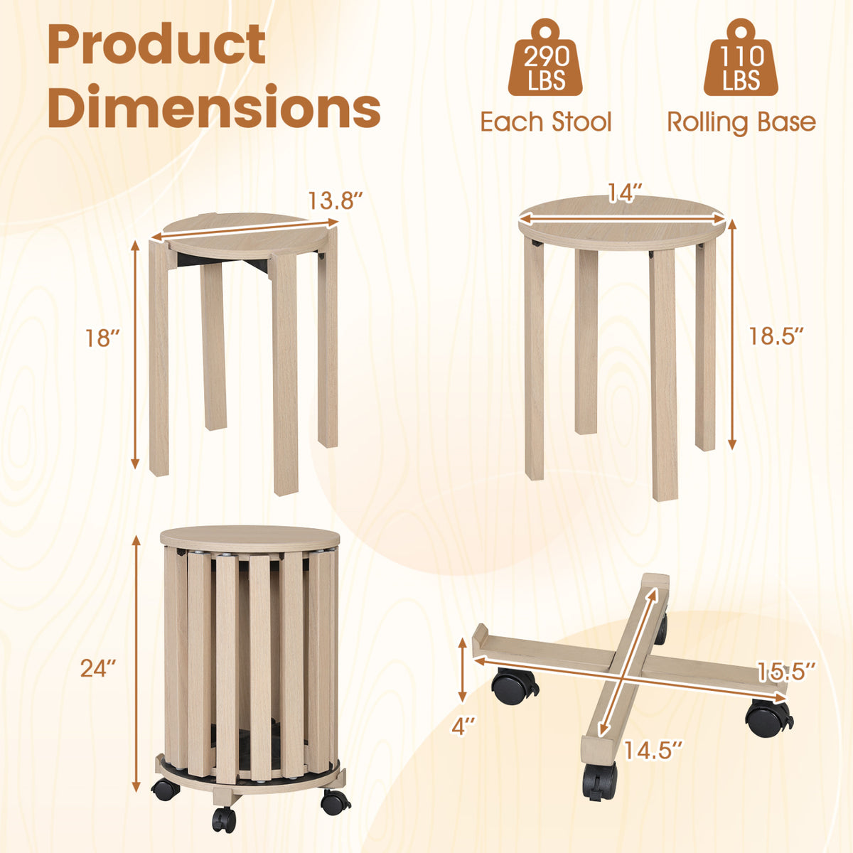 Round Portable Wood Nesting Stools with Locking Casters-Natural view 5