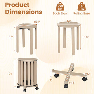 Round Portable Wood Nesting Stools with Locking Casters-Natural view 5