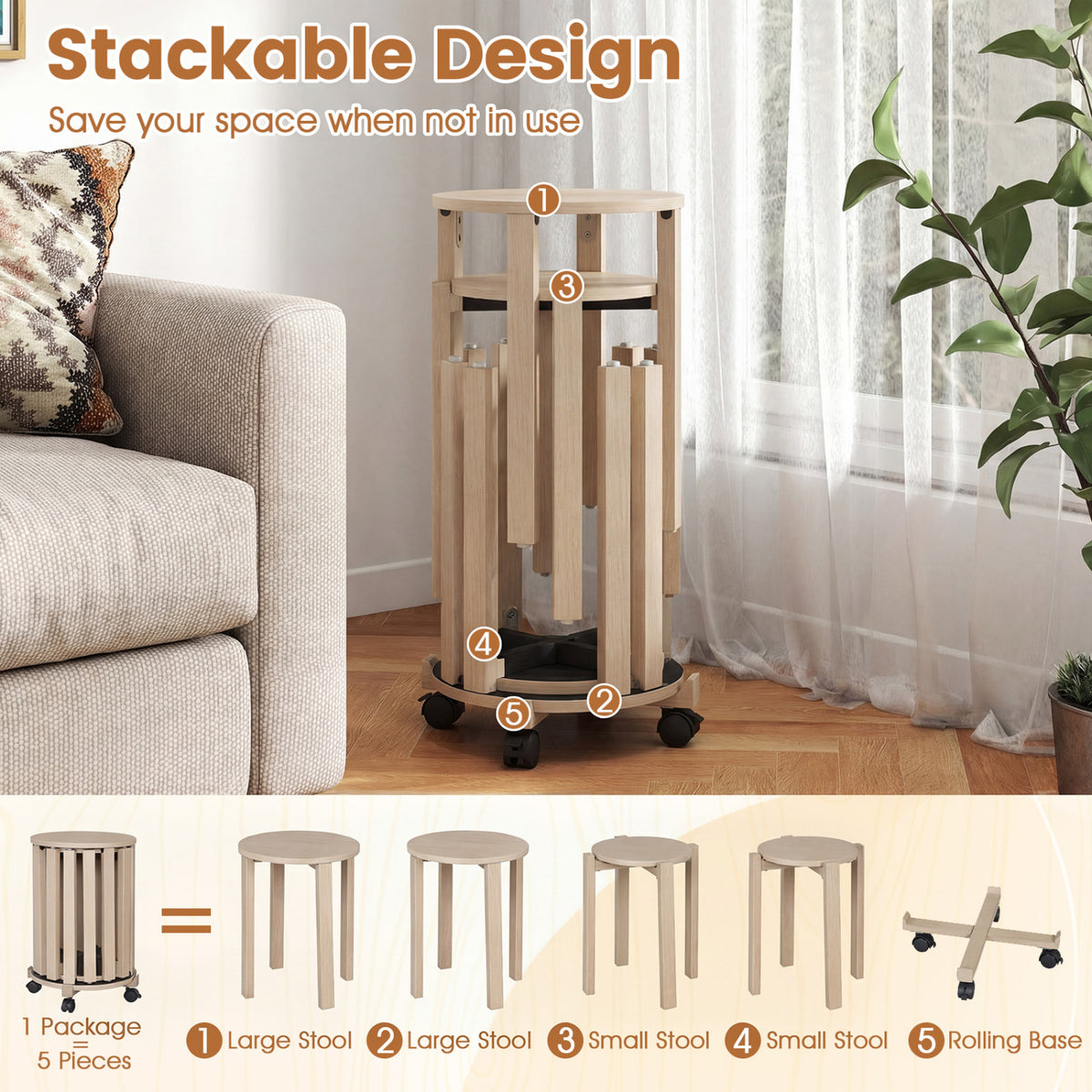 Round Portable Wood Nesting Stools with Locking Casters-Natural view 7