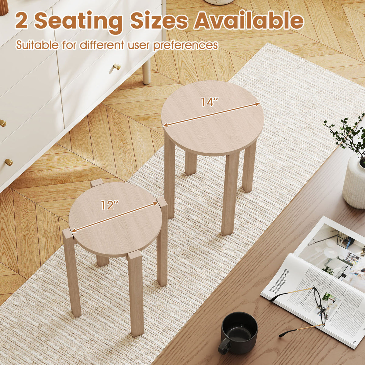 Round Portable Wood Nesting Stools with Locking Casters-Natural view 8