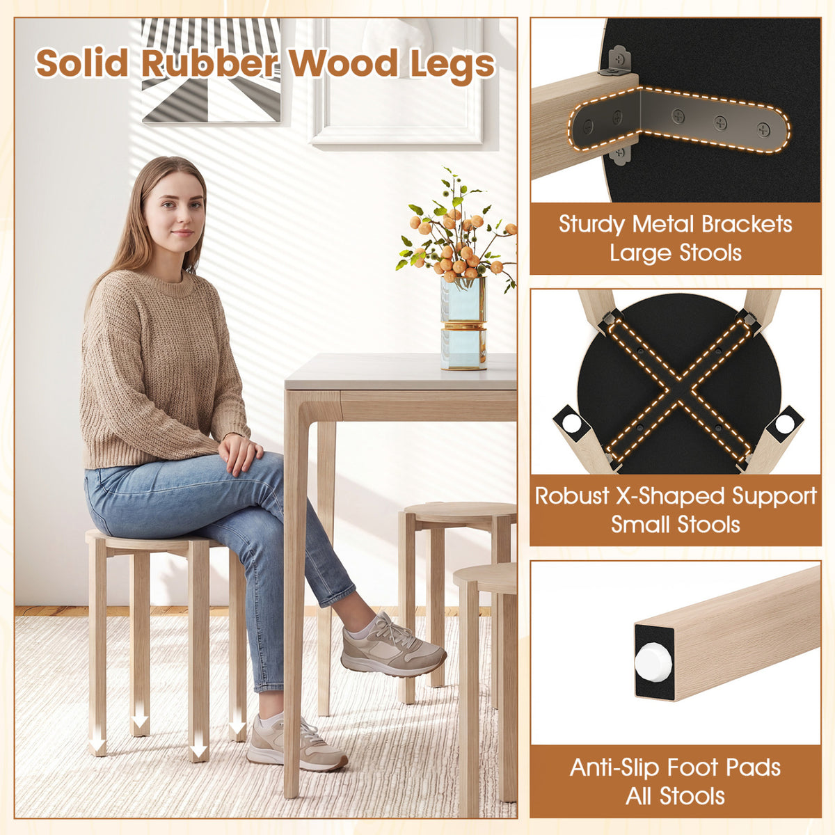 Round Portable Wood Nesting Stools with Locking Casters-Natural view 9