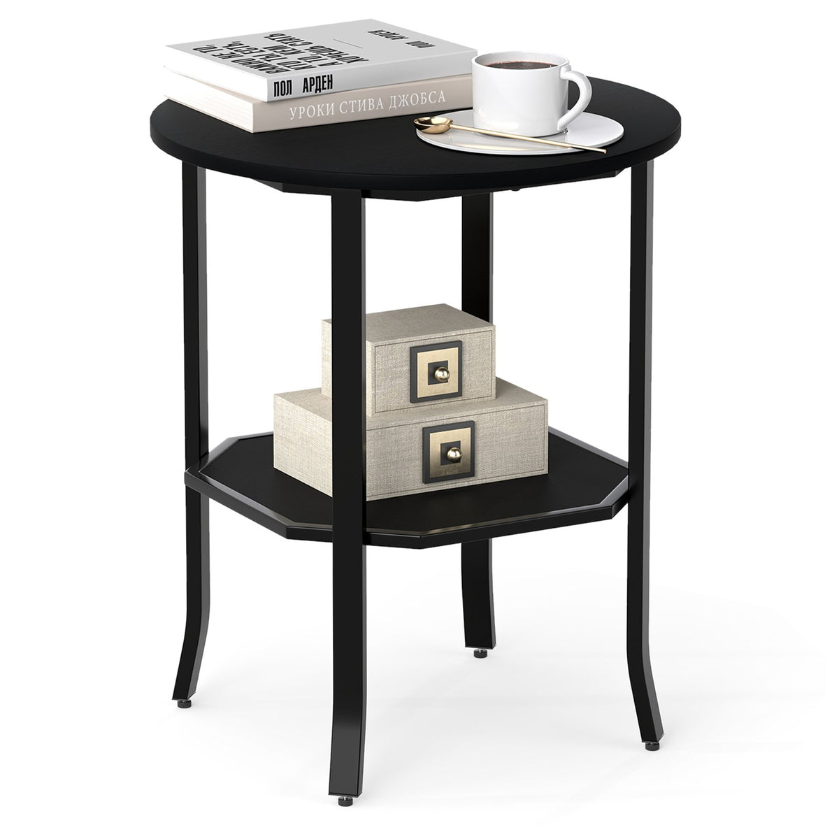 Round Side Table Small End Table with Storage Shelf 2-Tier Nightstand for Small Space-Black