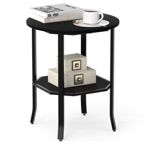 Round Side Table Small End Table with Storage Shelf 2-Tier Nightstand for Small Space-Black