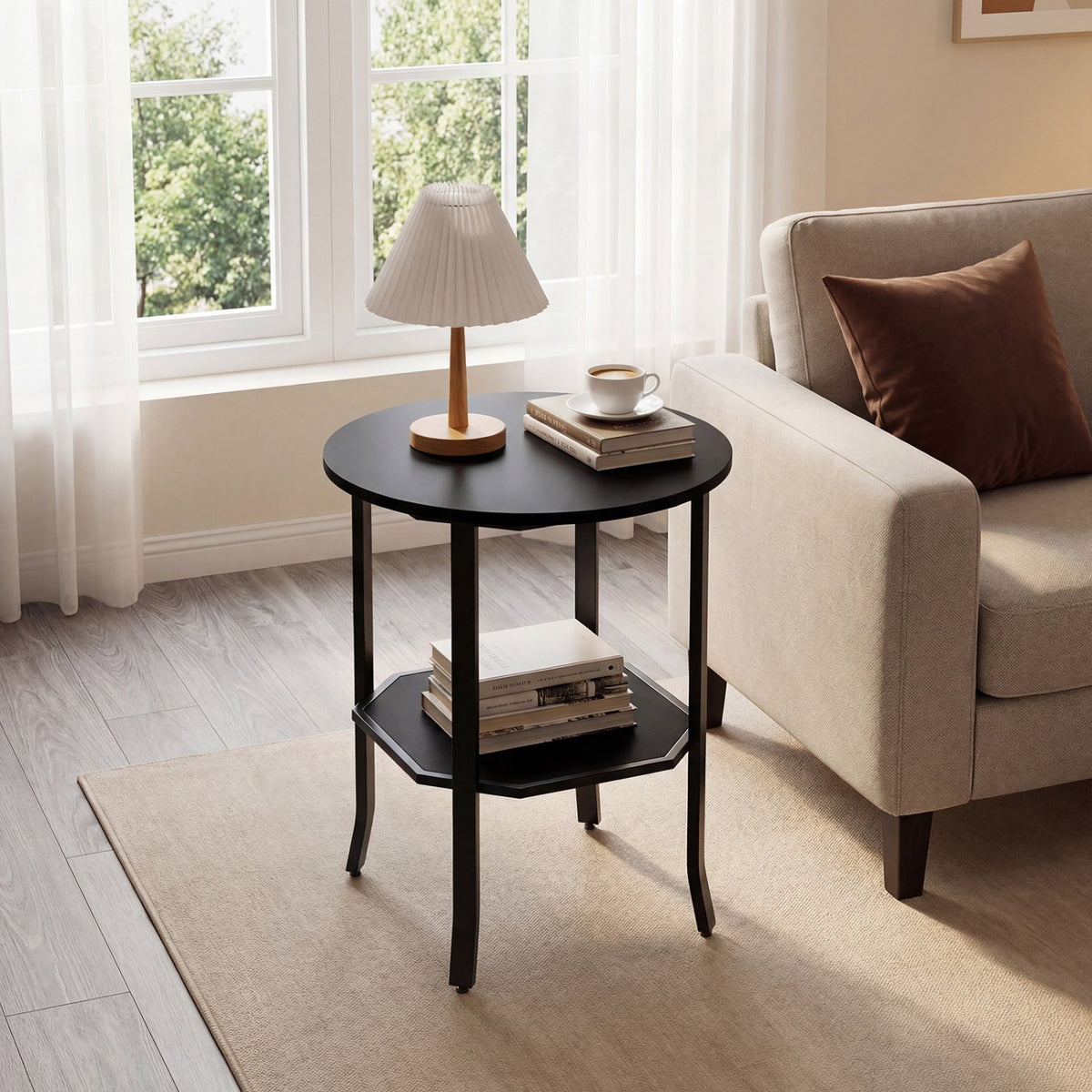 Round Side Table Small End Table with Storage Shelf 2-Tier Nightstand for Small Space-Black view 2
