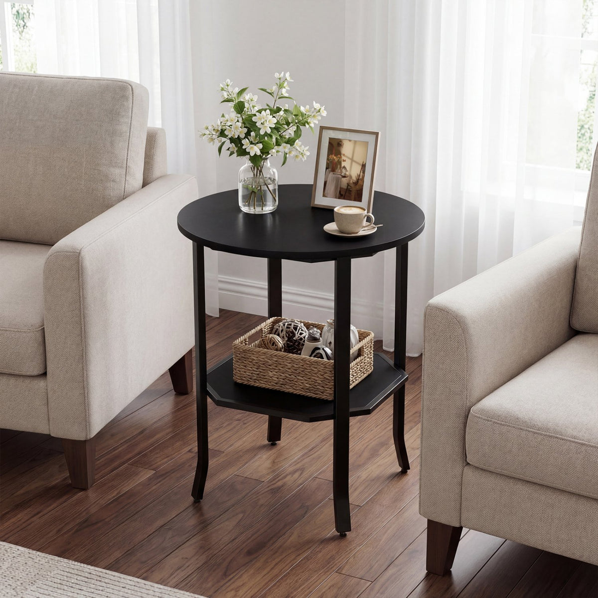 Round Side Table Small End Table with Storage Shelf 2-Tier Nightstand for Small Space-Black view 3