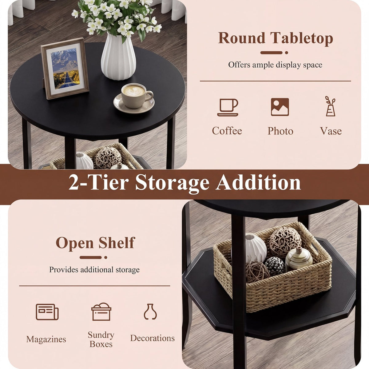 Round Side Table Small End Table with Storage Shelf 2-Tier Nightstand for Small Space-Black view 8