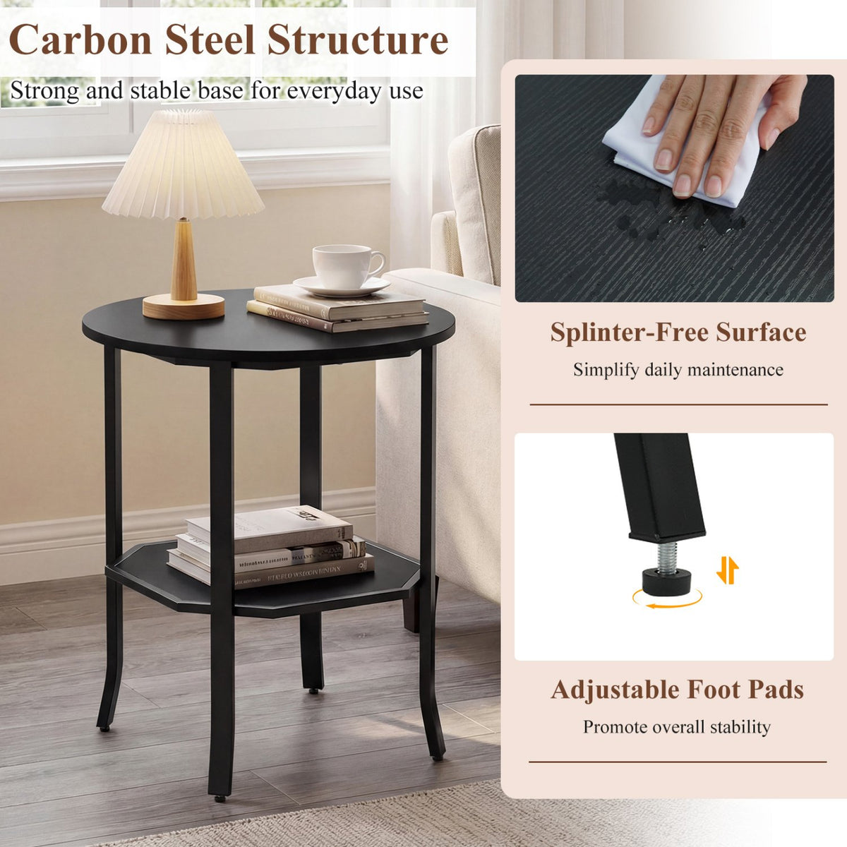Round Side Table Small End Table with Storage Shelf 2-Tier Nightstand for Small Space-Black view 9