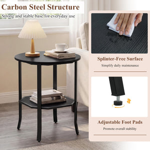 Round Side Table Small End Table with Storage Shelf 2-Tier Nightstand for Small Space-Black view 9