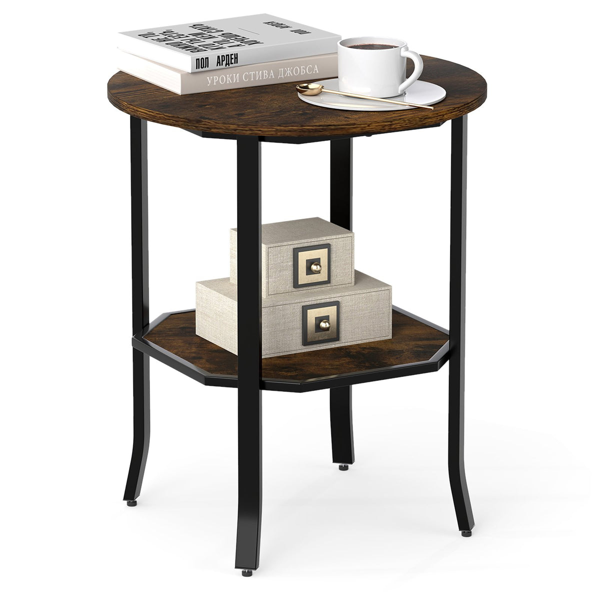 Round Side Table Small End Table with Storage Shelf 2-Tier Nightstand for Small Space-Rustic Brown