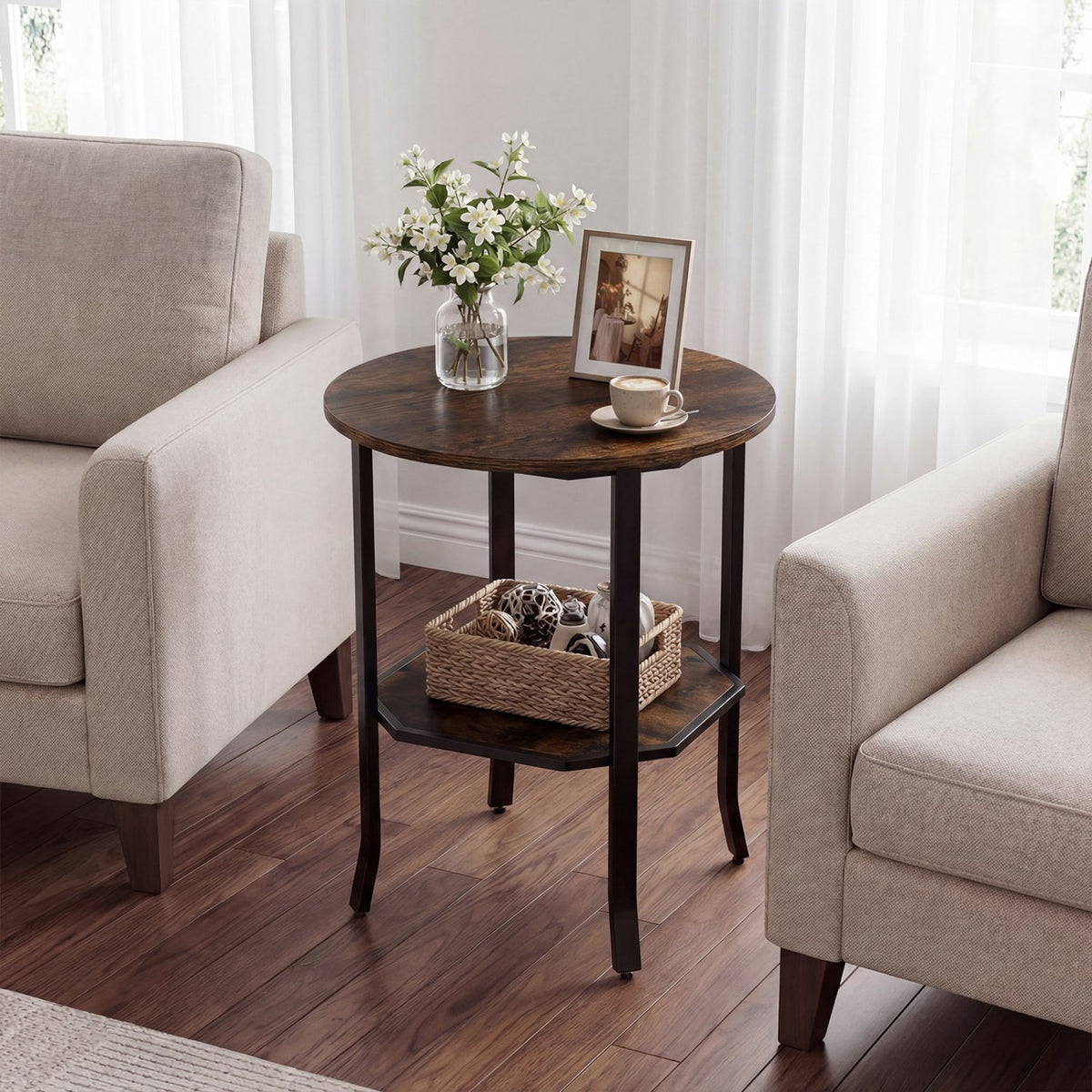 Round Side Table Small End Table with Storage Shelf 2-Tier Nightstand for Small Space-Rustic Brown view 3