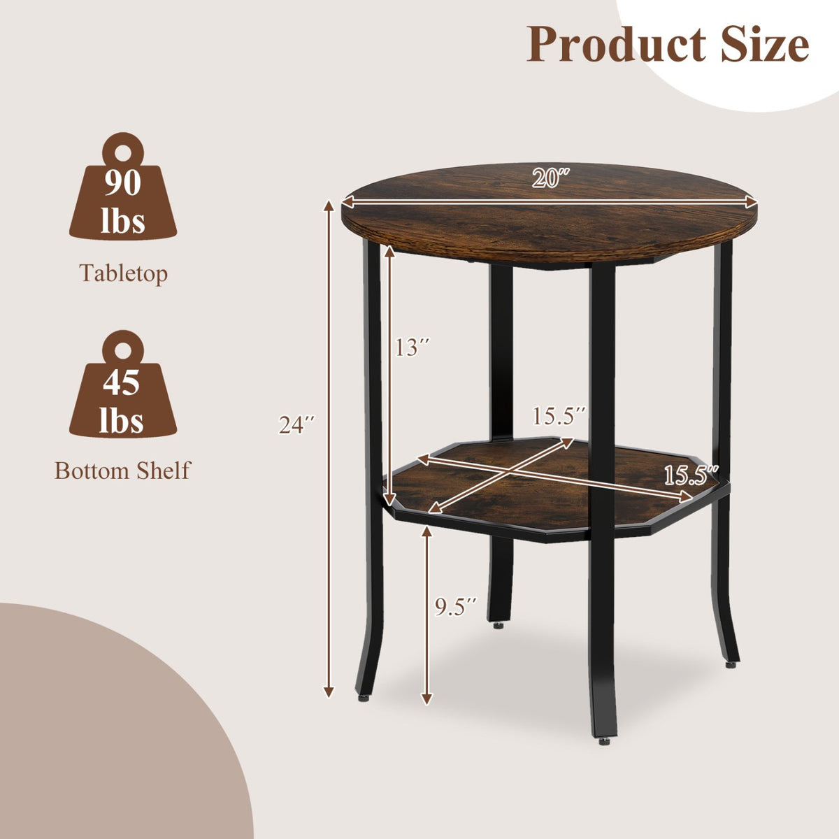 Round Side Table Small End Table with Storage Shelf 2-Tier Nightstand for Small Space-Rustic Brown view 5
