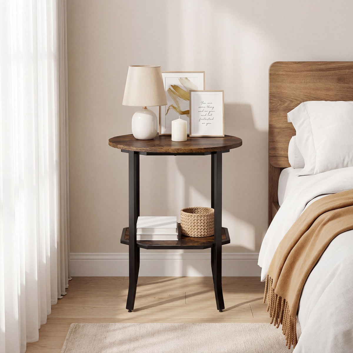 Round Side Table Small End Table with Storage Shelf 2-Tier Nightstand for Small Space-Rustic Brown view 6