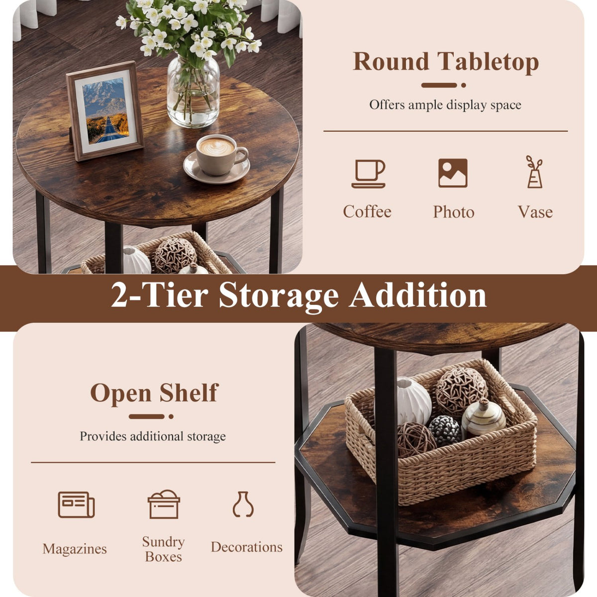 Round Side Table Small End Table with Storage Shelf 2-Tier Nightstand for Small Space-Rustic Brown view 8