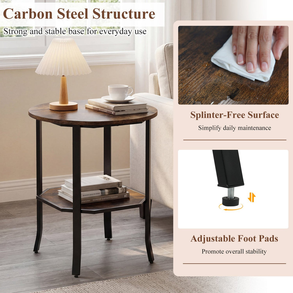 Round Side Table Small End Table with Storage Shelf 2-Tier Nightstand for Small Space-Rustic Brown view 9