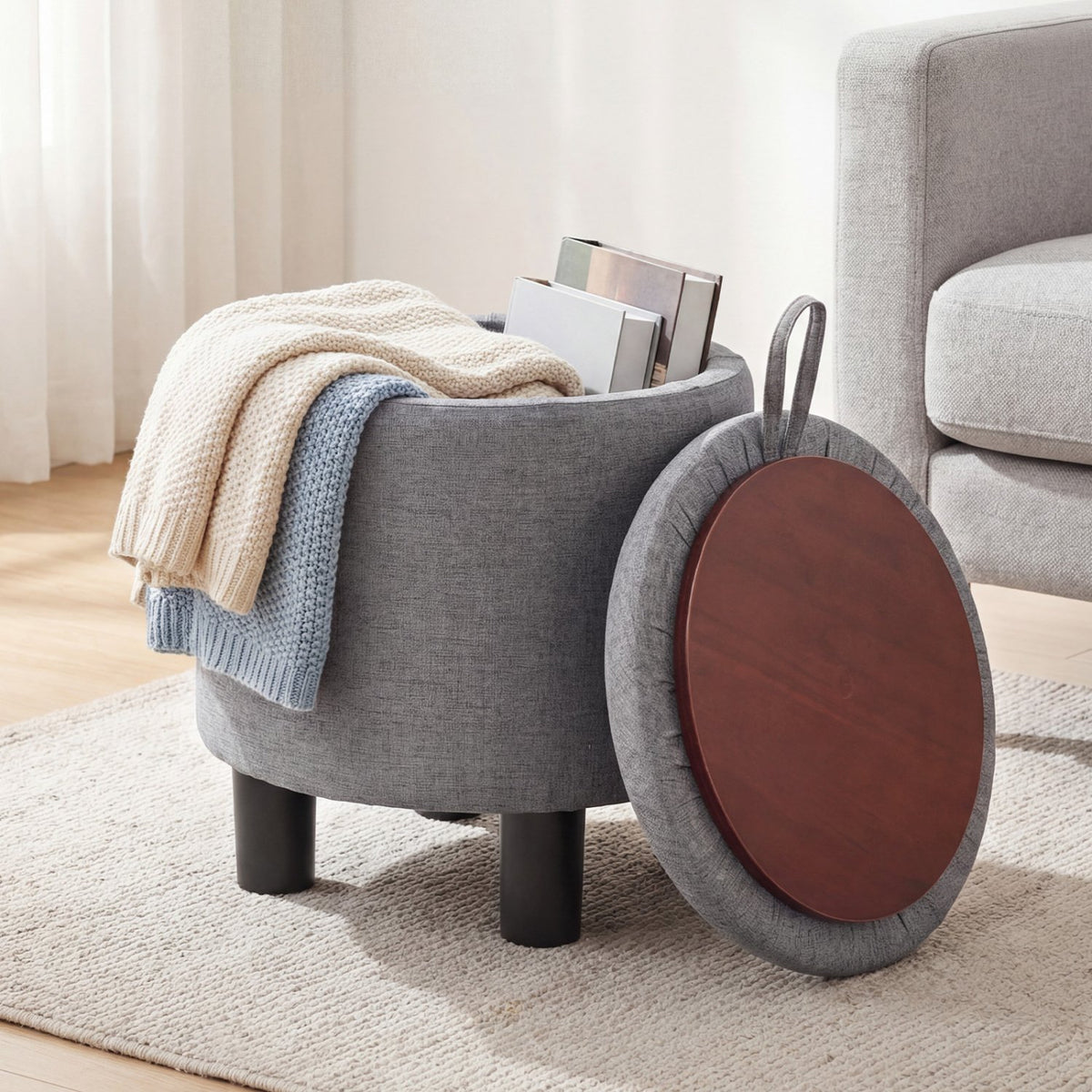 Round Storage Ottoman Linen Fabric Upholstered Footrest Stool-Gray view 2
