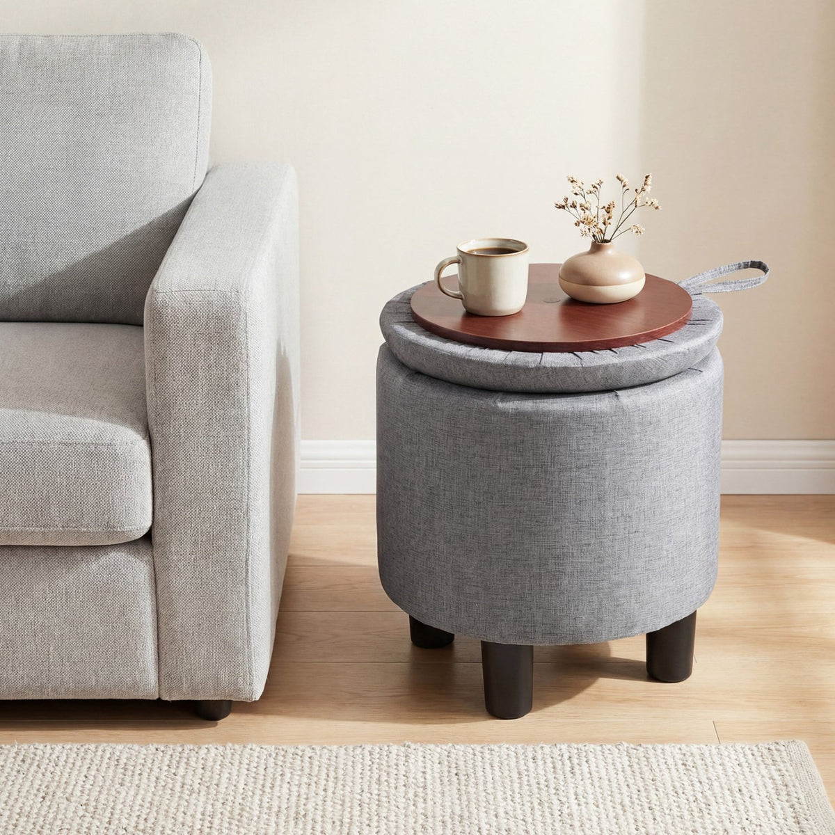 Round Storage Ottoman Linen Fabric Upholstered Footrest Stool-Gray view 3