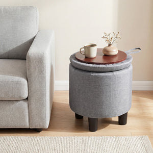 Round Storage Ottoman Linen Fabric Upholstered Footrest Stool-Gray view 3