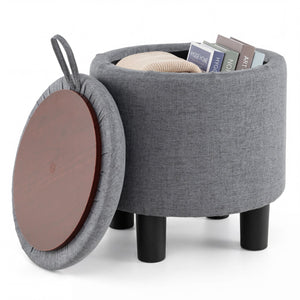 Round Storage Ottoman Linen Fabric Upholstered Footrest Stool-Gray view 4