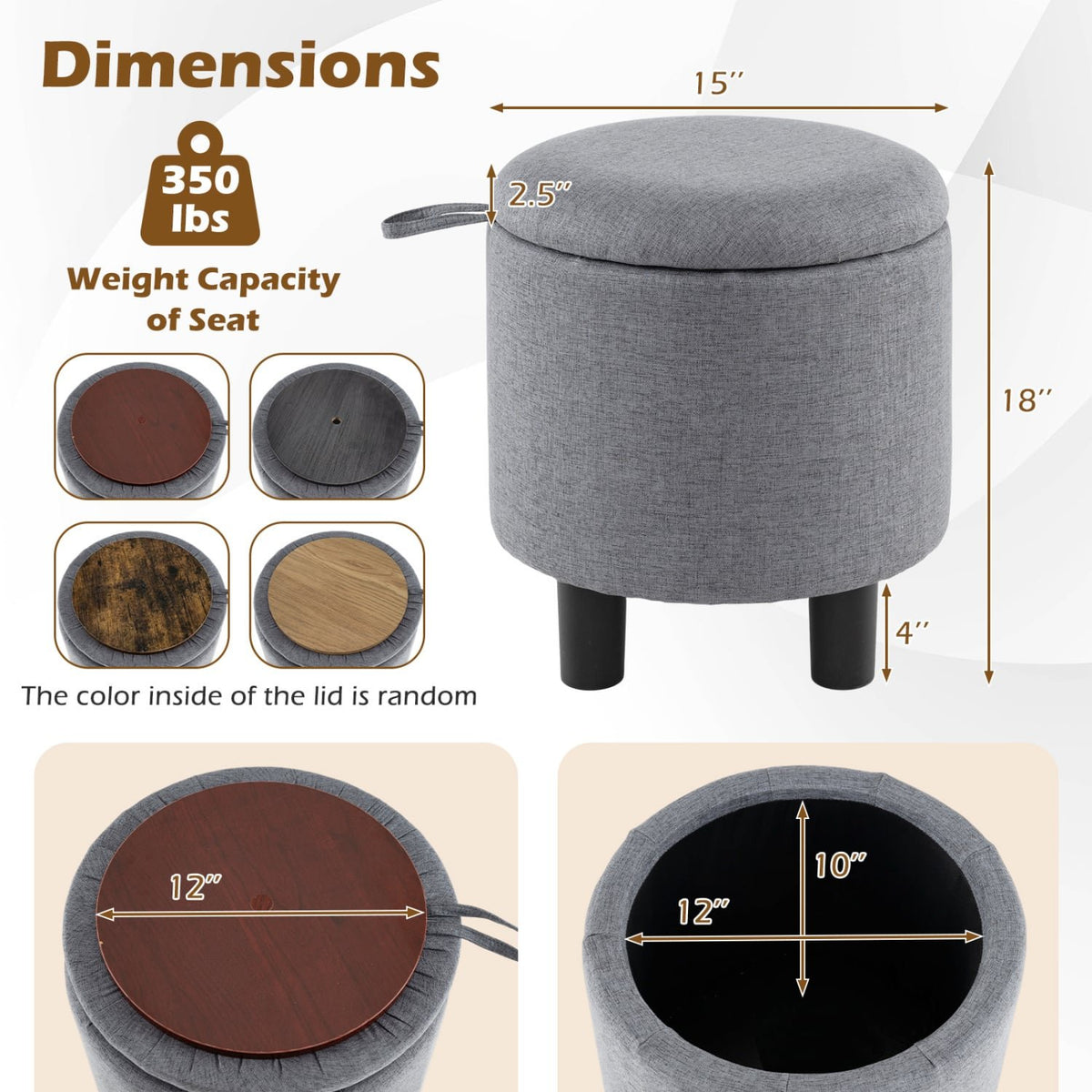 Round Storage Ottoman Linen Fabric Upholstered Footrest Stool-Gray view 5