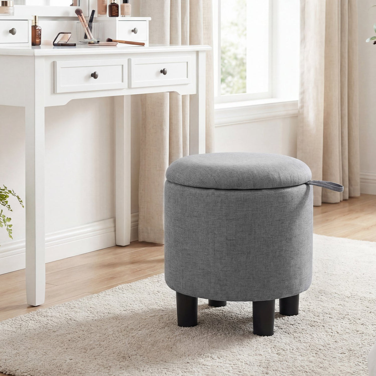 Round Storage Ottoman Linen Fabric Upholstered Footrest Stool-Gray view 6