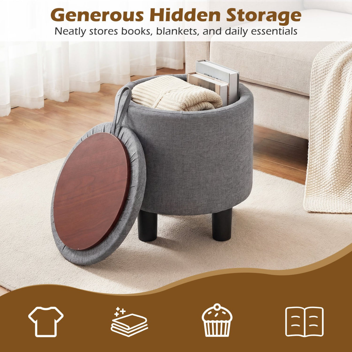 Round Storage Ottoman Linen Fabric Upholstered Footrest Stool-Gray view 7