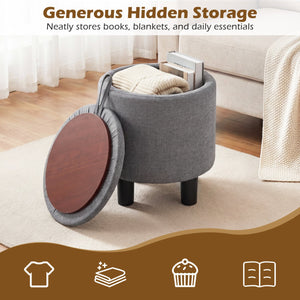 Round Storage Ottoman Linen Fabric Upholstered Footrest Stool-Gray view 7