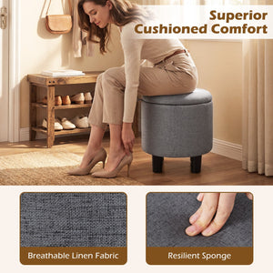 Round Storage Ottoman Linen Fabric Upholstered Footrest Stool-Gray view 8